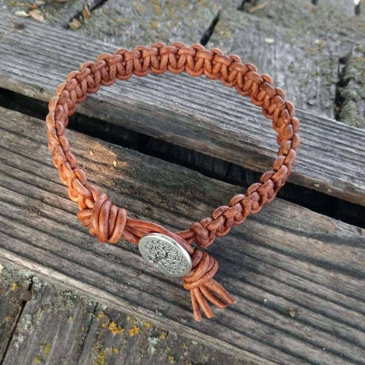 Large Mens Tree of Life Earth Colored Macrame Leather Bracelet