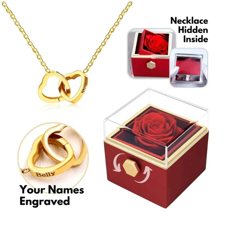 Custom Double Heart Engraved Name Steel Necklace Eternal Rose Box for Women Valentine'S Day Gift 2024