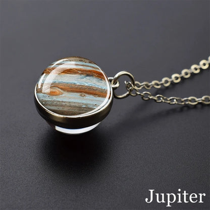 Solar System Universe Space Moon Sun Earth Planet Necklaces Two-Sided Glass Ball Pendant Nebula Necklace Women Men Jewelry Gift