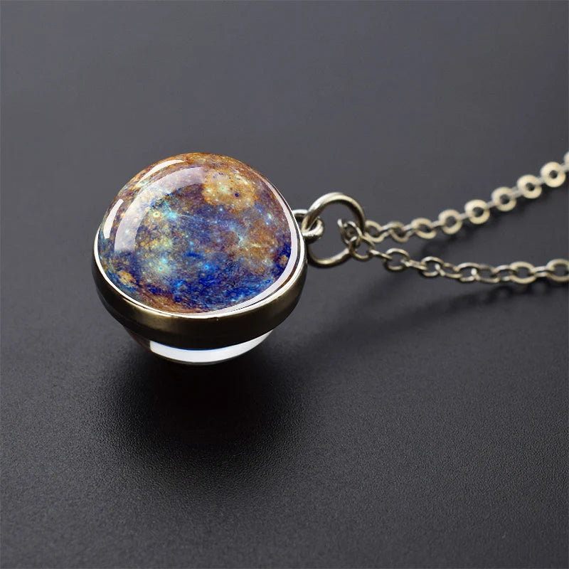 Solar System Universe Space Moon Sun Earth Planet Necklaces Two-Sided Glass Ball Pendant Nebula Necklace Women Men Jewelry Gift