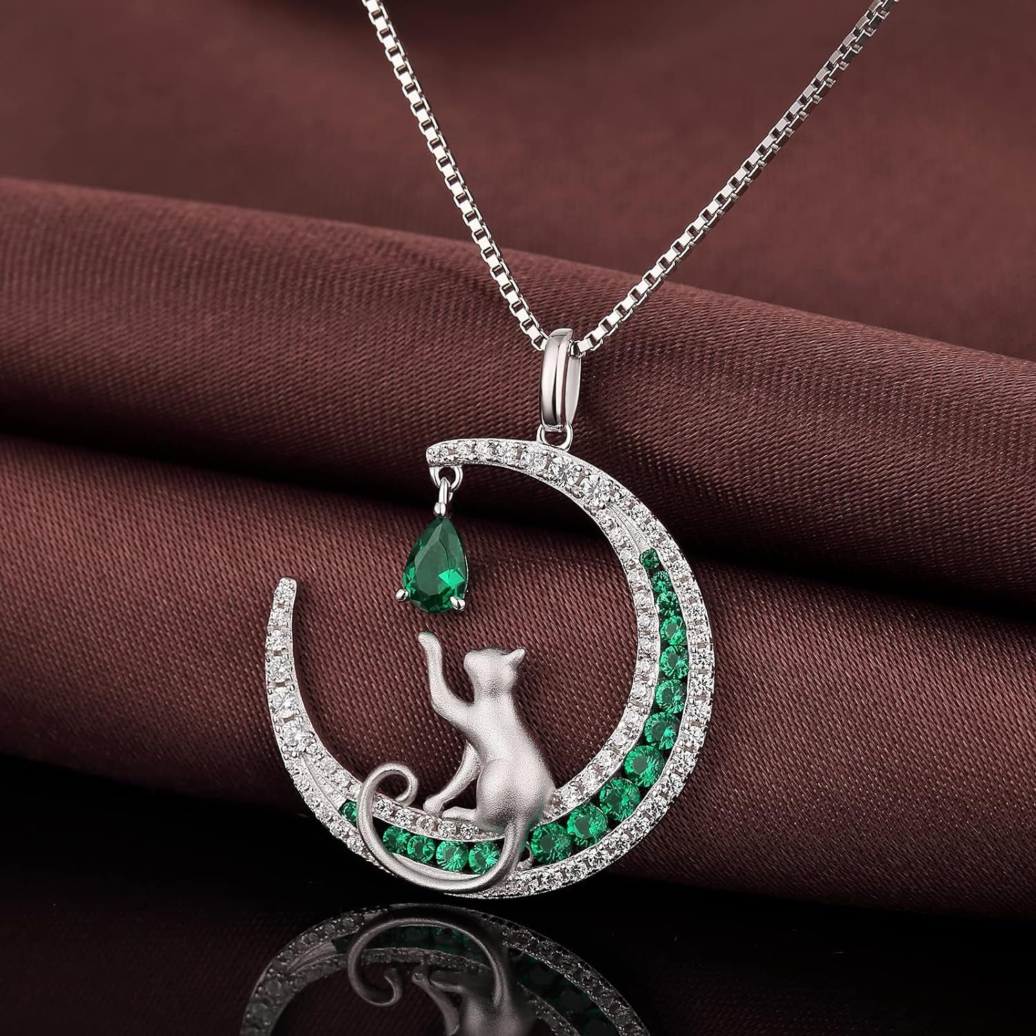 Lovely Cat Necklace for Women, 925 Sterling Silver Cat on Moon Necklace with 5A+ Cubic Zirconia, Cat Jewelry Cat Pendant for Cat Lover