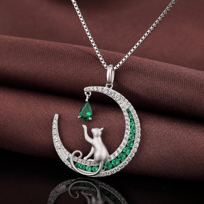 Lovely Cat Necklace for Women, 925 Sterling Silver Cat on Moon Necklace with 5A+ Cubic Zirconia, Cat Jewelry Cat Pendant for Cat Lover