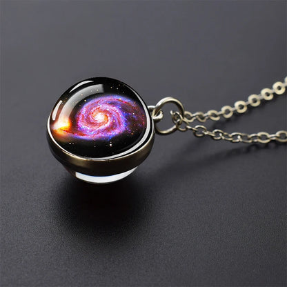 Solar System Universe Space Moon Sun Earth Planet Necklaces Two-Sided Glass Ball Pendant Nebula Necklace Women Men Jewelry Gift