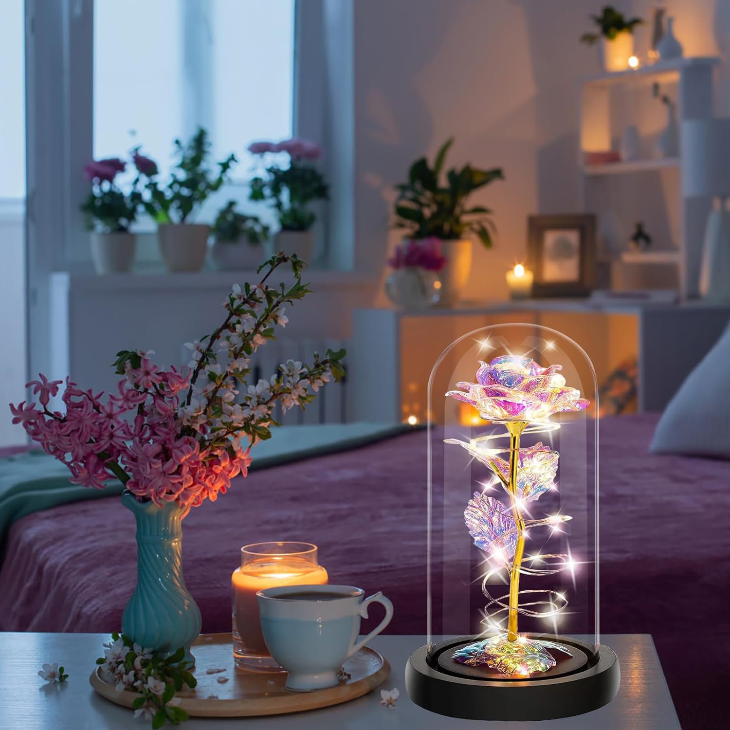 Galaxy Rose Gifts Colorful Artificial Flower Rose Light Gift in a Glass Dome Flowers Gifts for on Christmas Anniversary Valentine'S Day Mothers Day Girlfriend Birthday Gifts