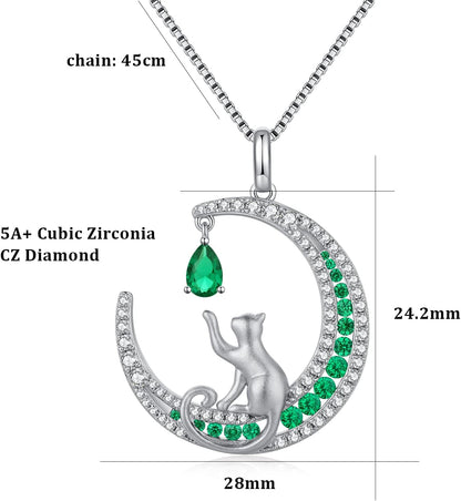 Lovely Cat Necklace for Women, 925 Sterling Silver Cat on Moon Necklace with 5A+ Cubic Zirconia, Cat Jewelry Cat Pendant for Cat Lover