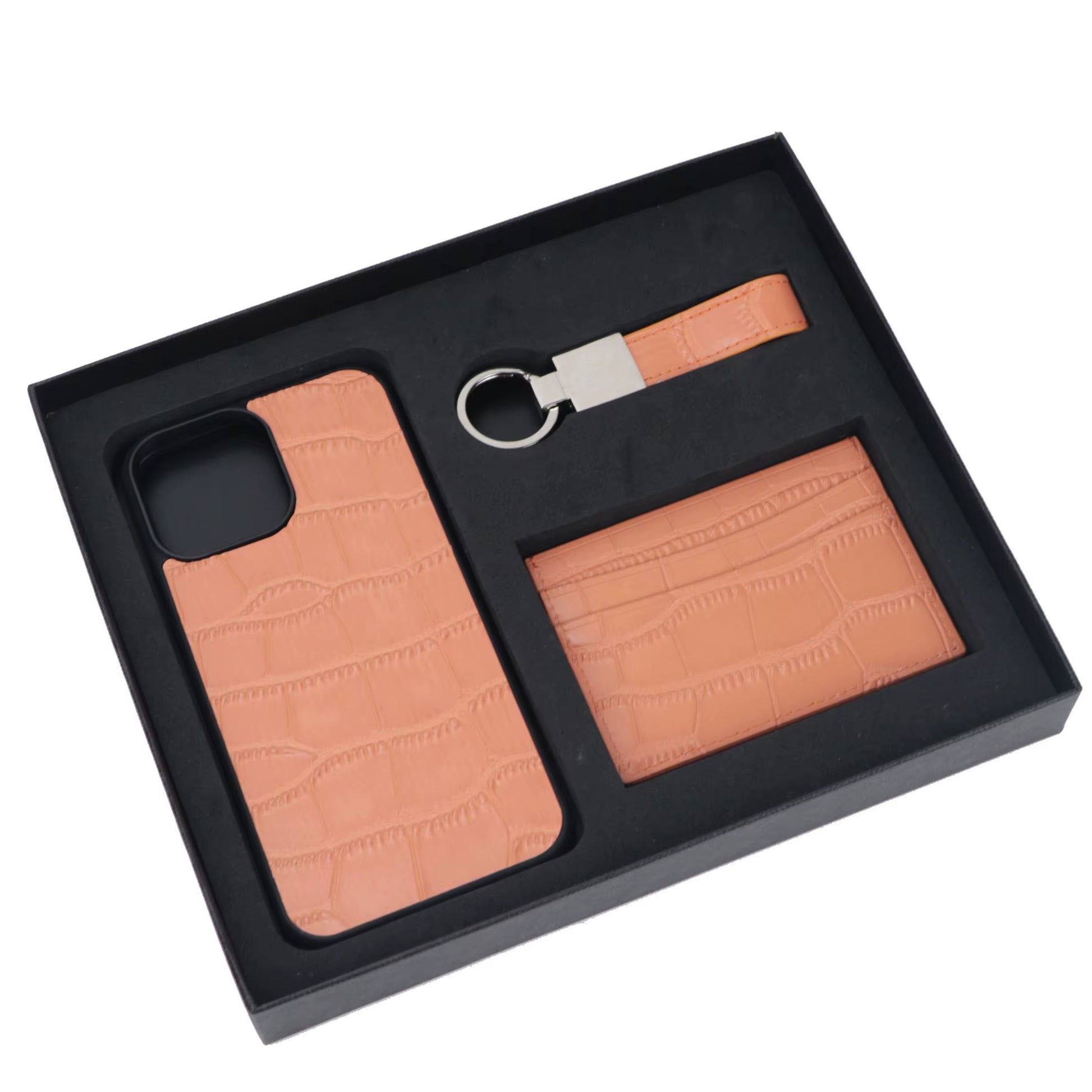 Customized Initials Gift Set Crocodile Pattern Leather Phone Case for Iphone Keychain Card Holder Gift Box Set Business Gift Set