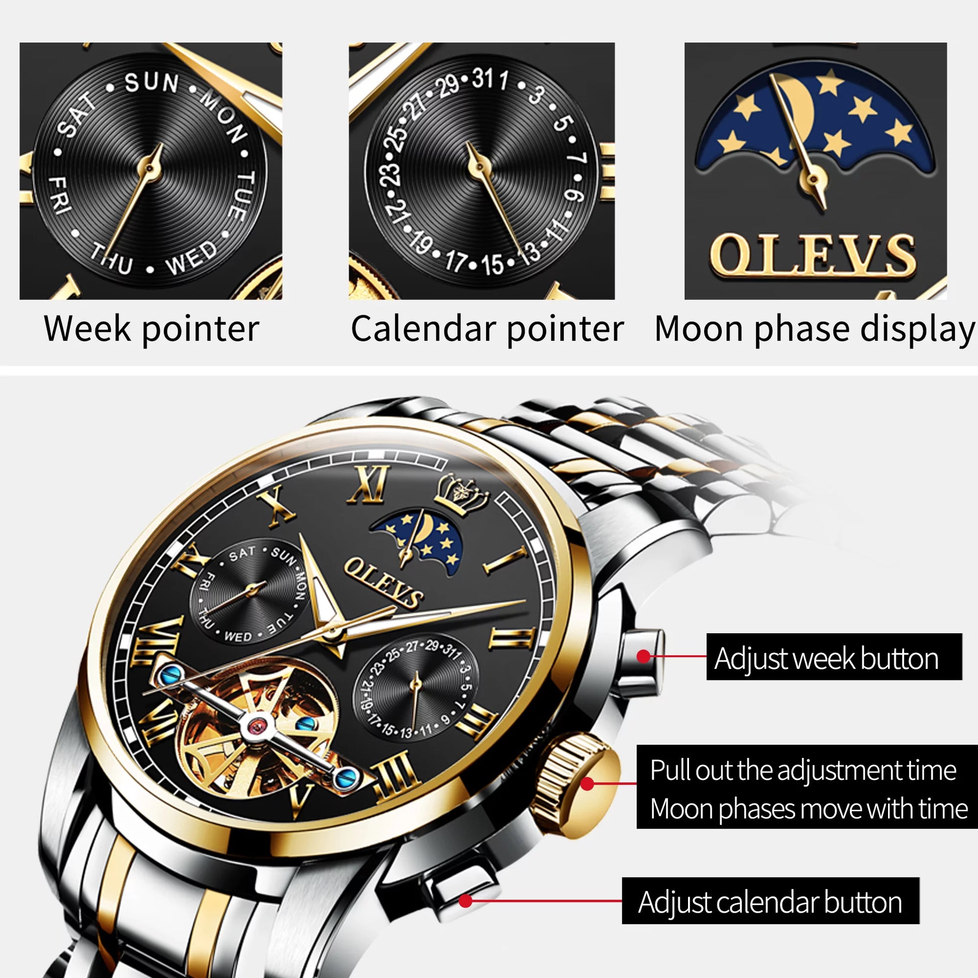 Automatic Watches for Men Skeleton Mechanical Self Winding Luxury Business Dress Mens Watches Moon Phase Day Date Waterproof Luminous Reloj with Gift Box, Male 6617C