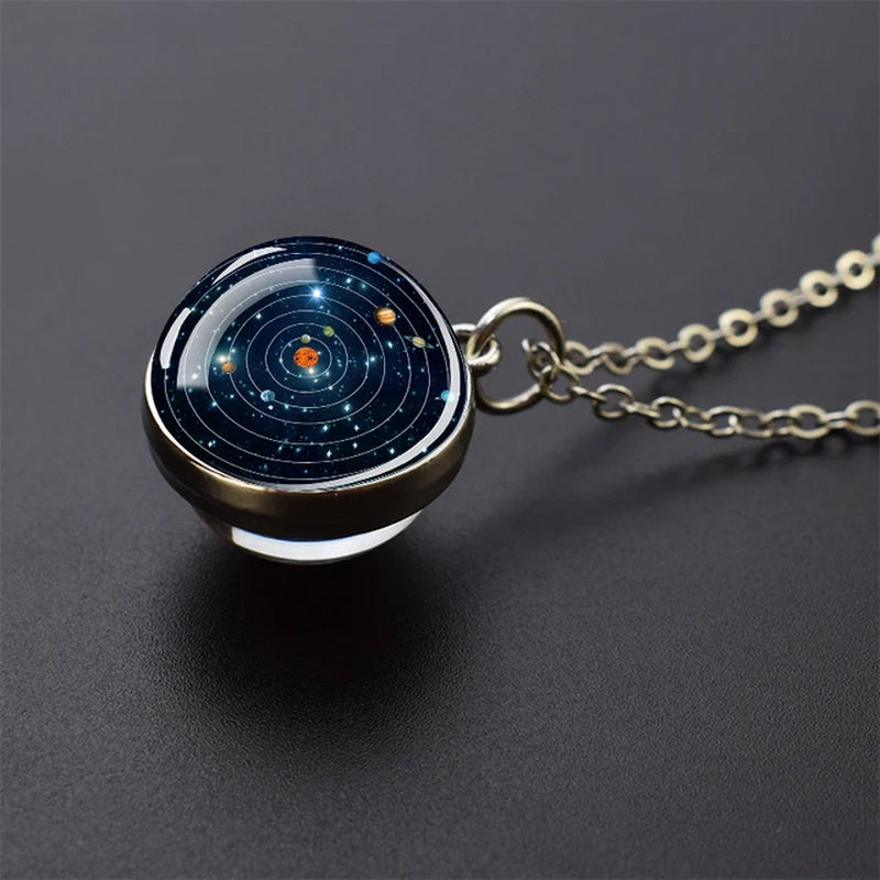 Solar System Universe Space Moon Sun Earth Planet Necklaces Two-Sided Glass Ball Pendant Nebula Necklace Women Men Jewelry Gift