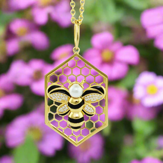 Beehive Collection Honeycomb Necklace – 18K Gold-Plated with Black Enamel and Cubic Zirconia